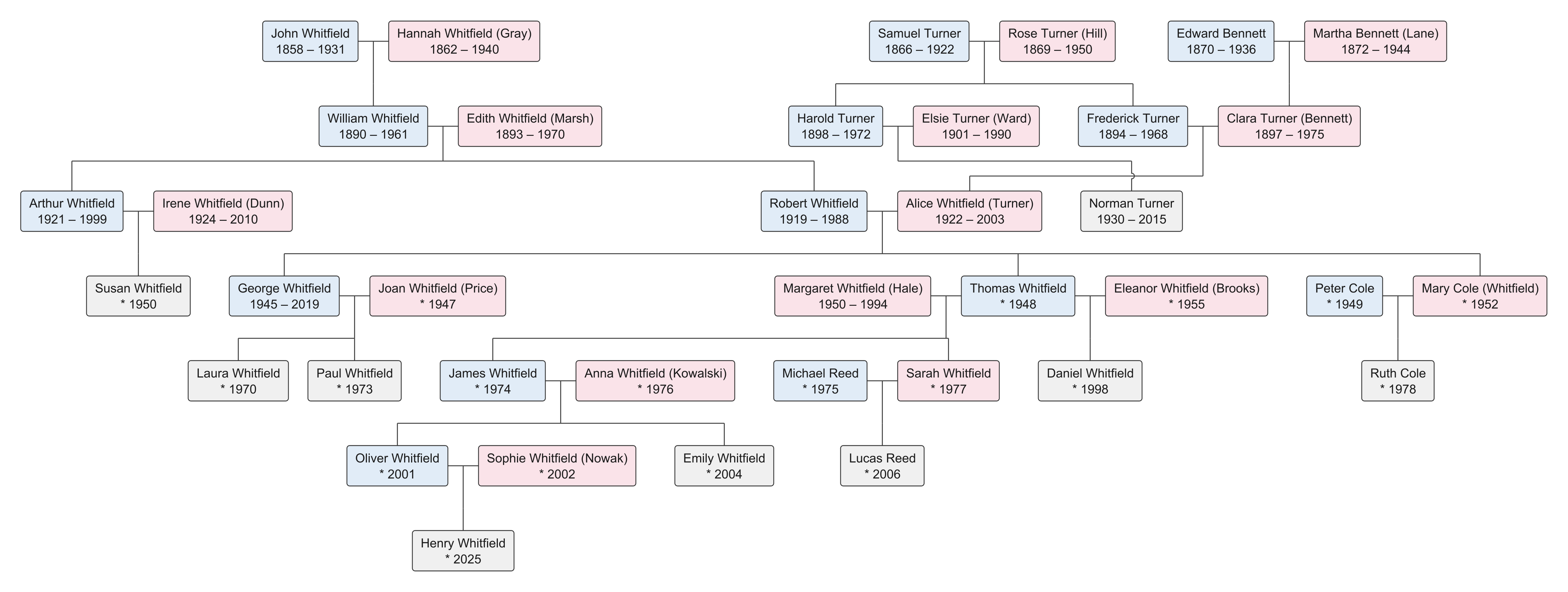 All-relatives family tree chart with ancestors, siblings of ancestors, cousins and descendants